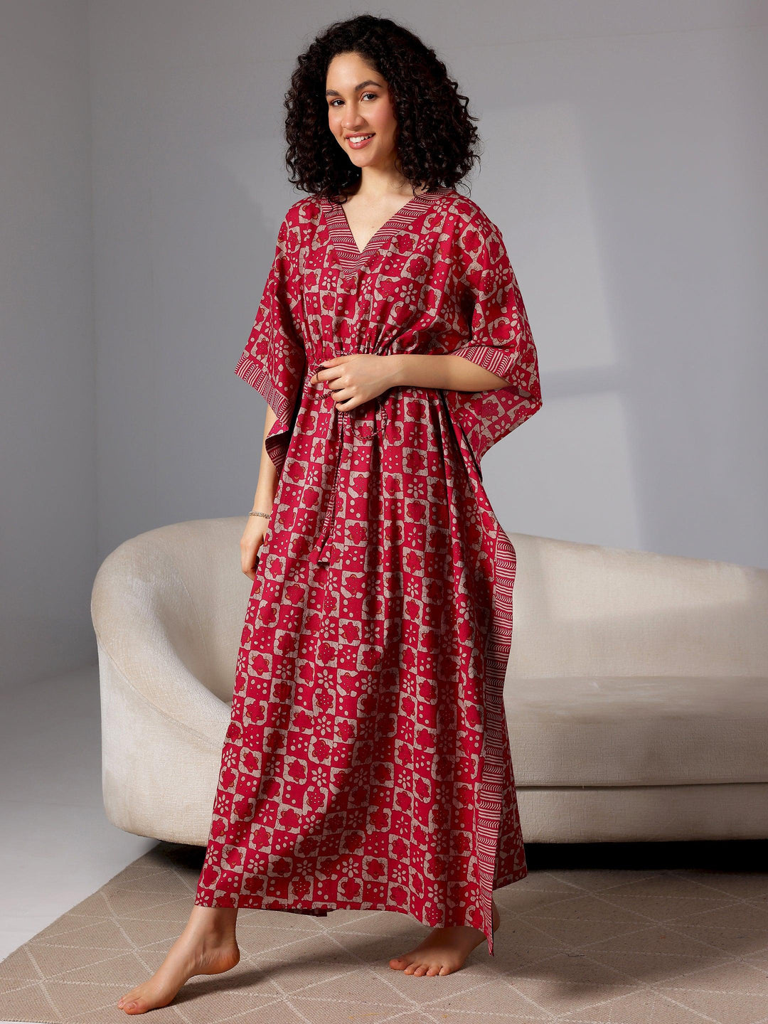 Magenta Printed Cotton Kaftan Night Dress - Libas