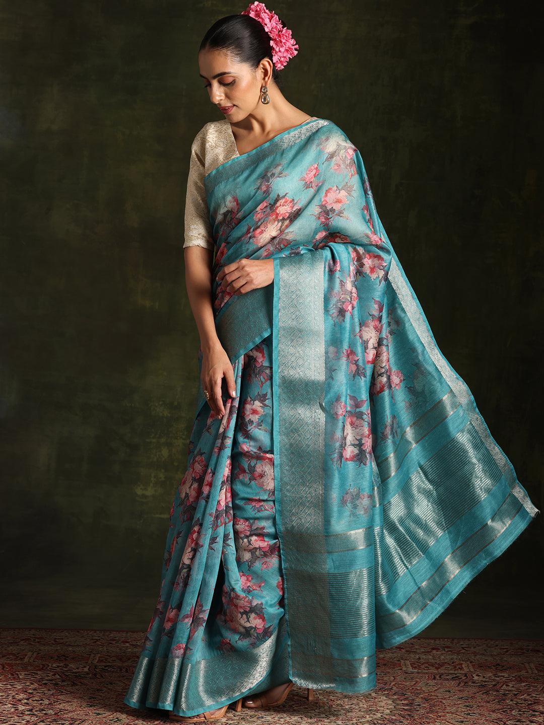 Rama Green Printed Silk Blend Saree With Unstitched Blouse Piece