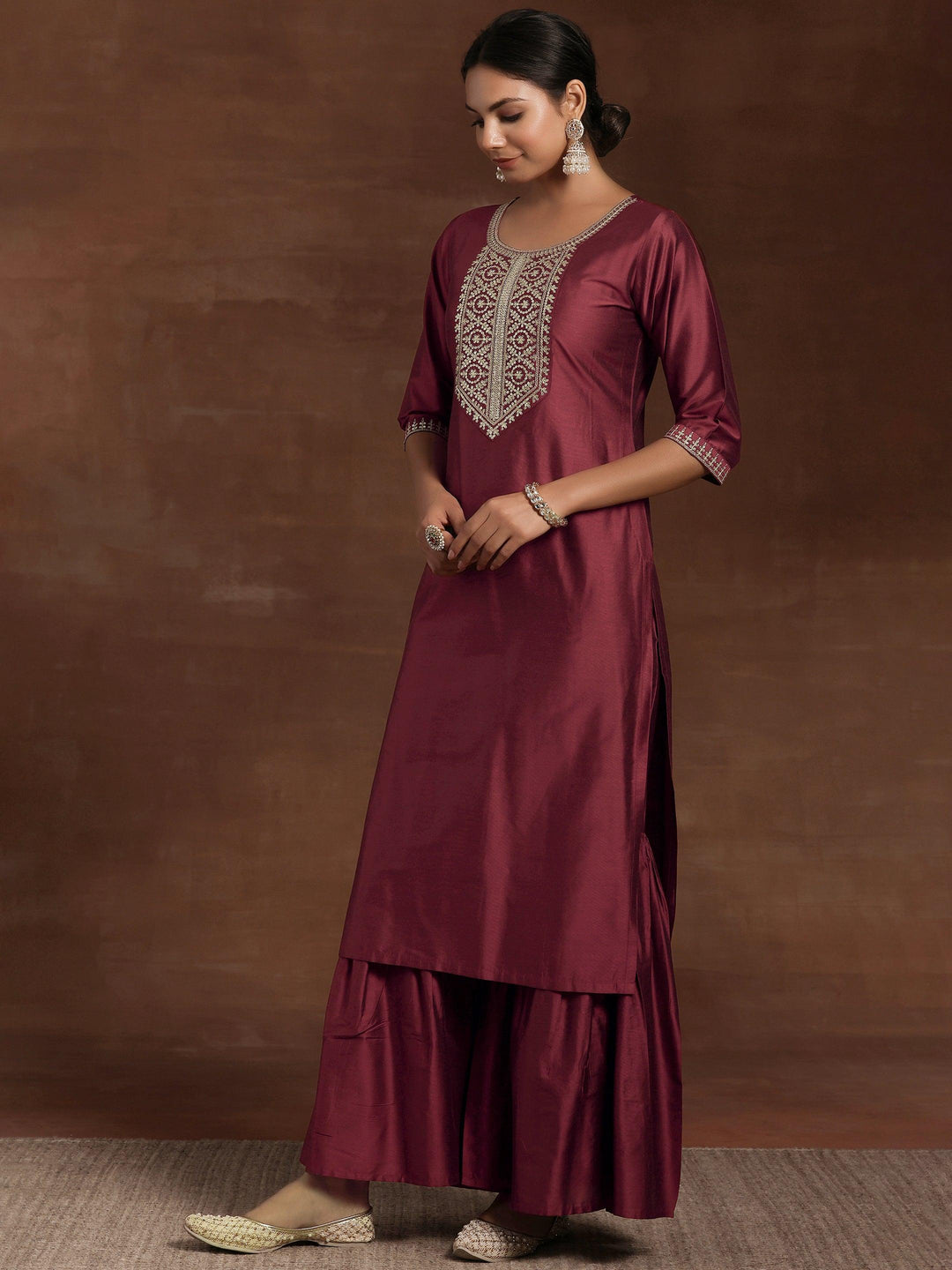 Rust Yoke Design Silk Blend Straight Suit With Dupatta - Libas 