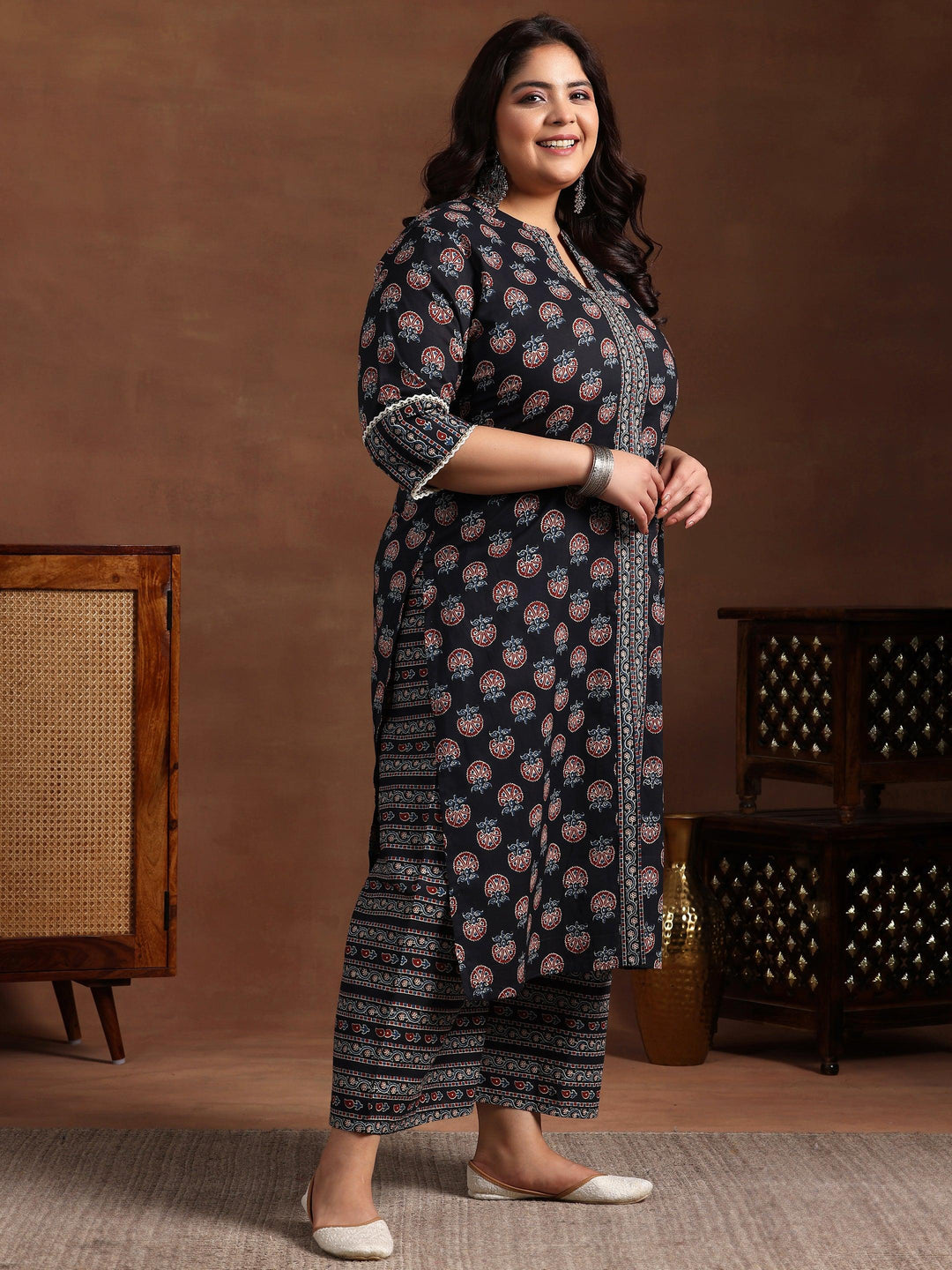 Plus Size Black Printed Cotton Straight Suit With Dupatta - Libas