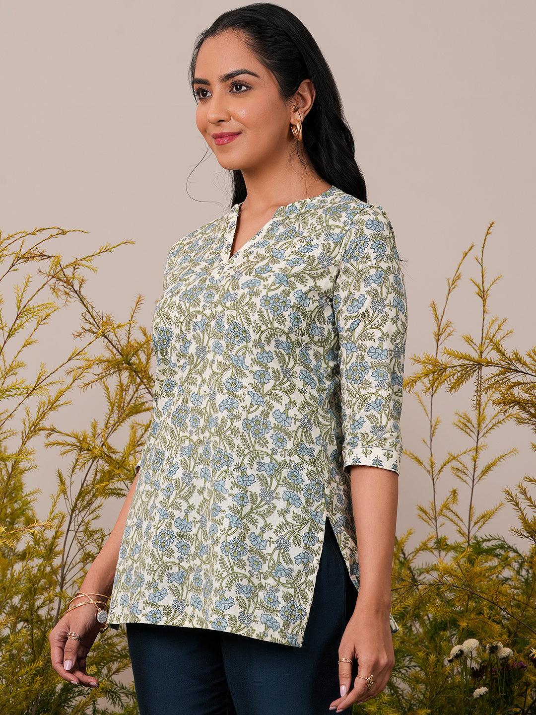 Off White Printed Cotton Straight Kurti - Libas 