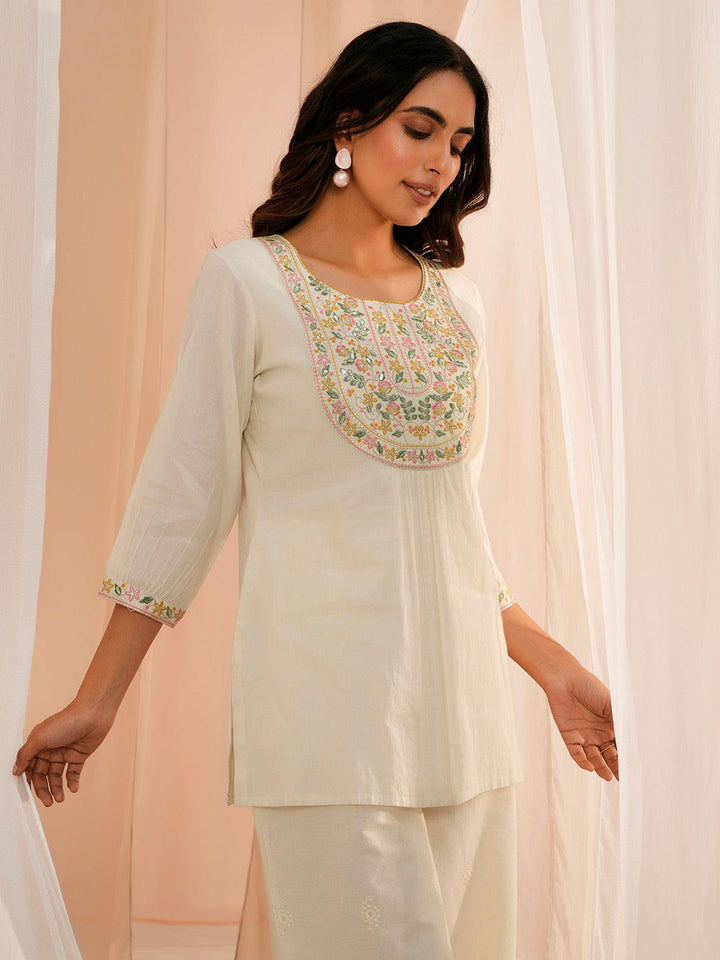 Off White Yoke Design Cotton Straight Kurti - Libas