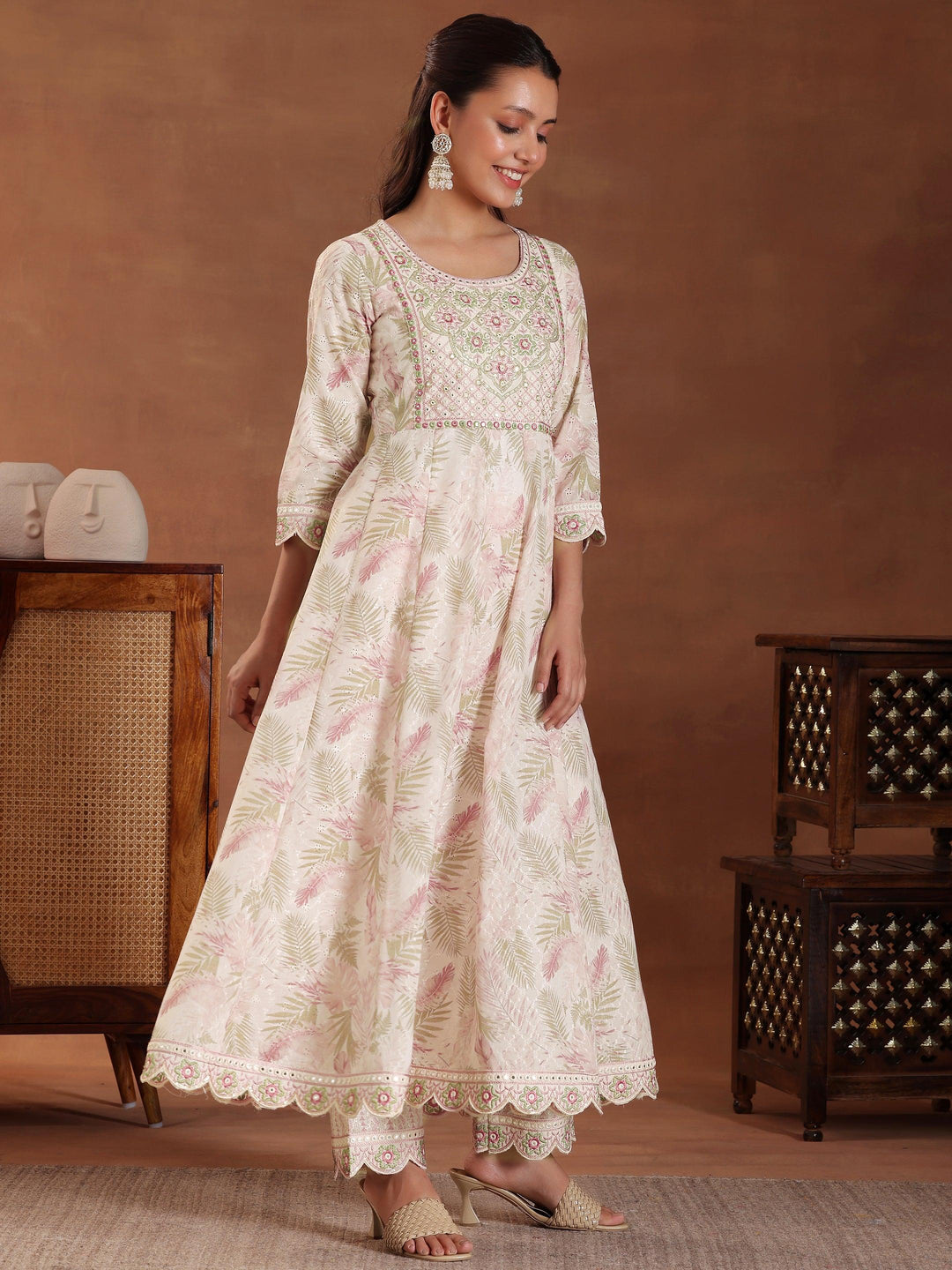 Pink Embroidered Pure Cotton A-line Kurta With Sharara & Dupatta - Libas 