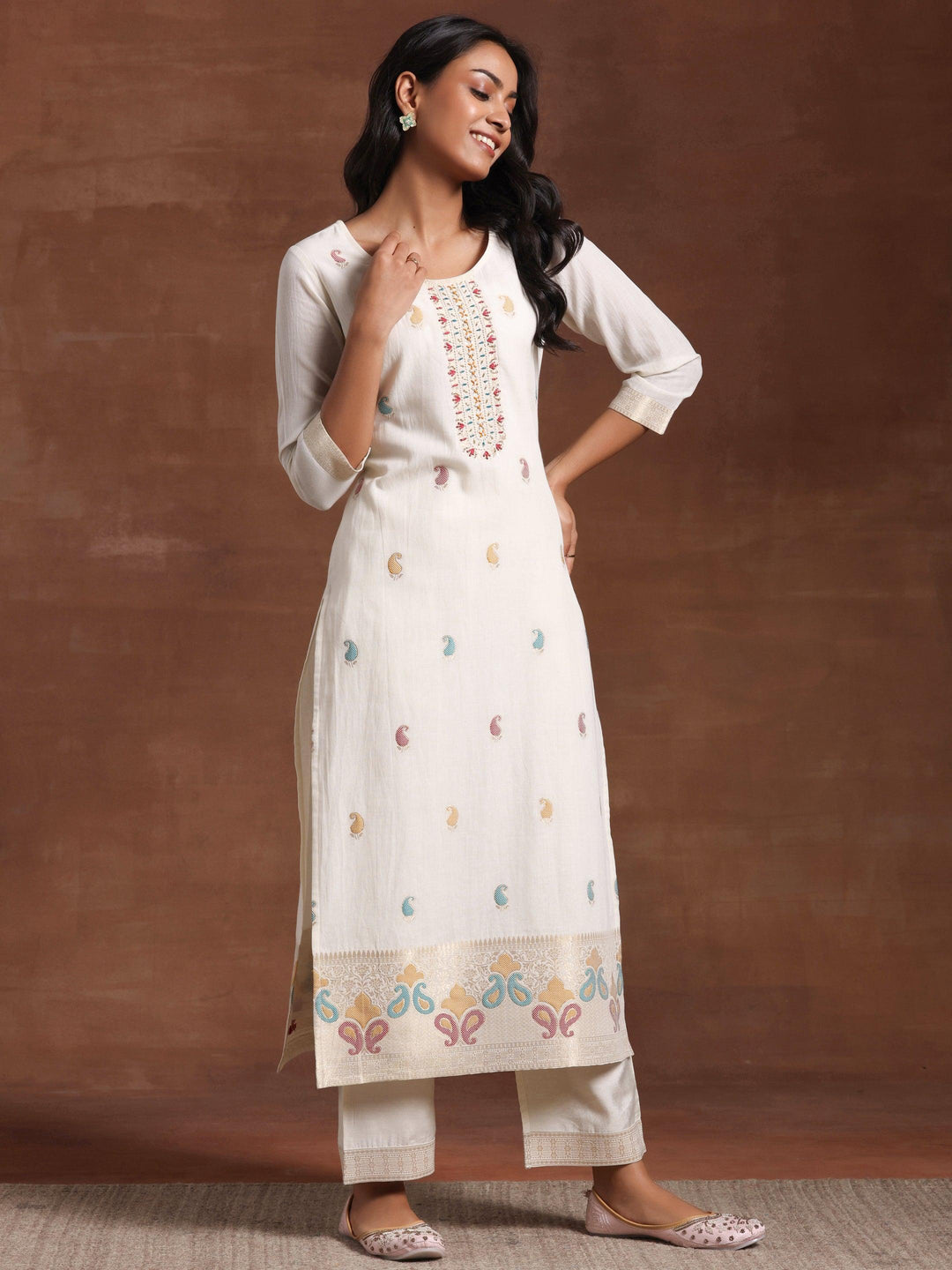 Off White Woven Design Cotton Straight Suit With Dupatta - Libas 