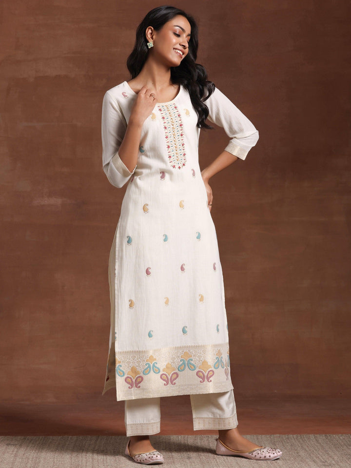 Off White Woven Design Cotton Straight Suit With Dupatta - Libas