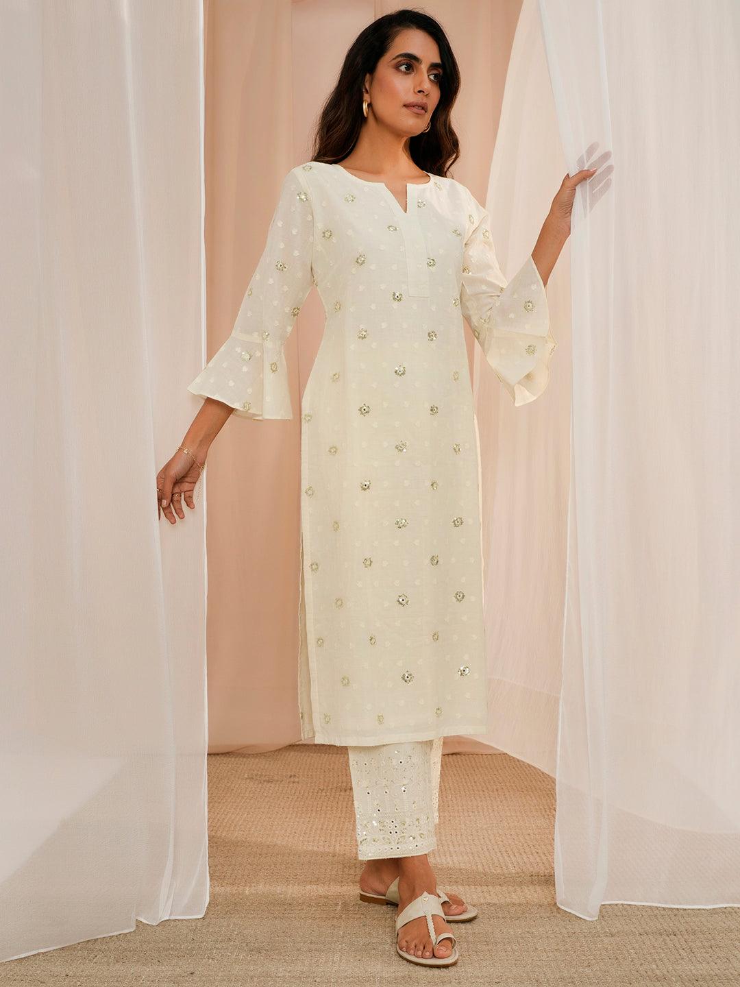 Off White Embroidered Cotton Straight Suit With Dupatta - Libas 