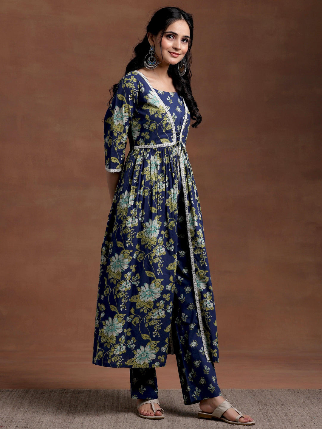 Blue Printed Cotton A-Line Kurta With Trousers - Libas 