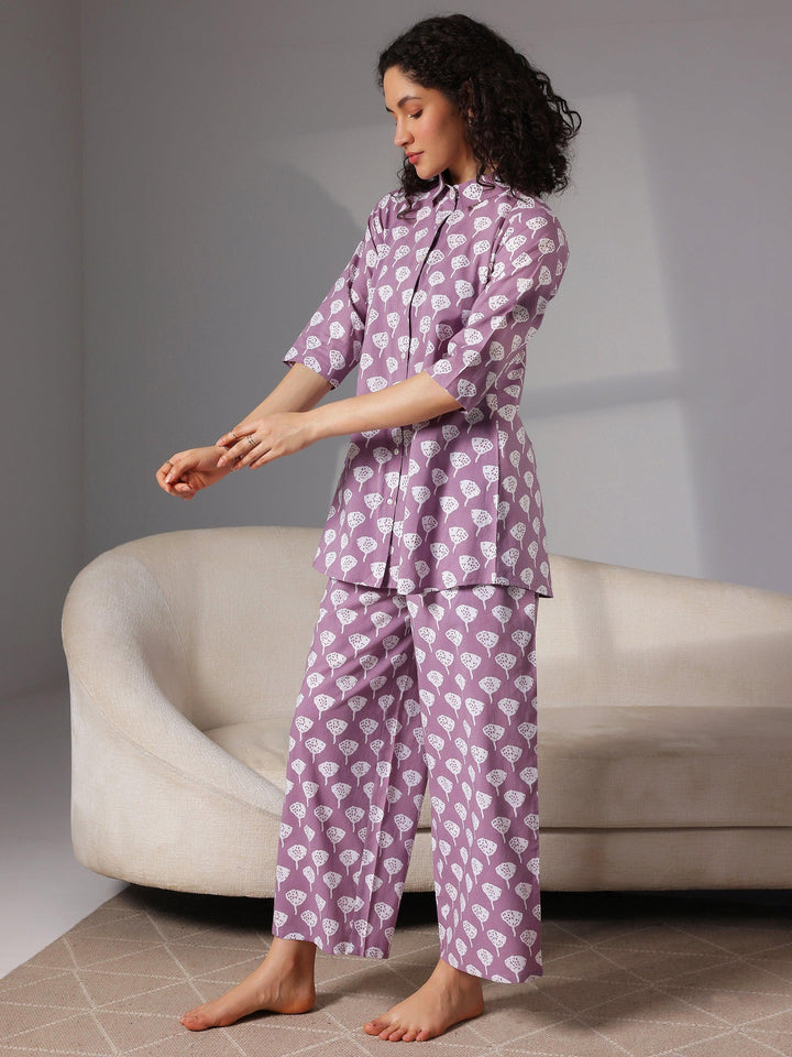 Purple Printed Cotton Night Suits - Libas