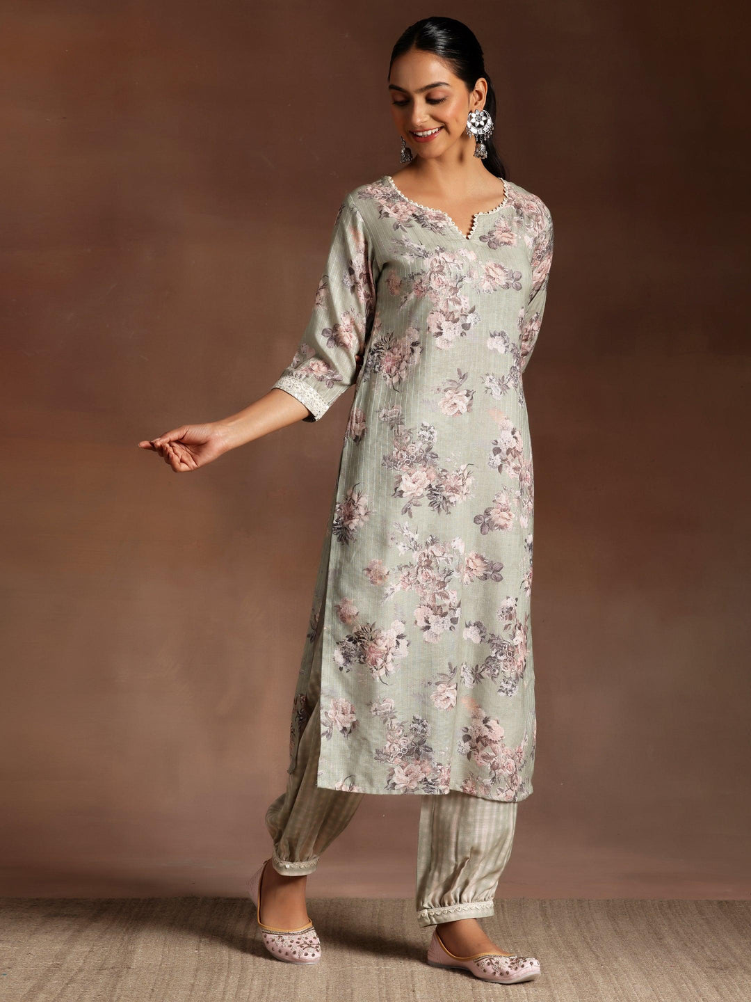 Green Printed Cotton Straight Suit With Dupatta - Libas 