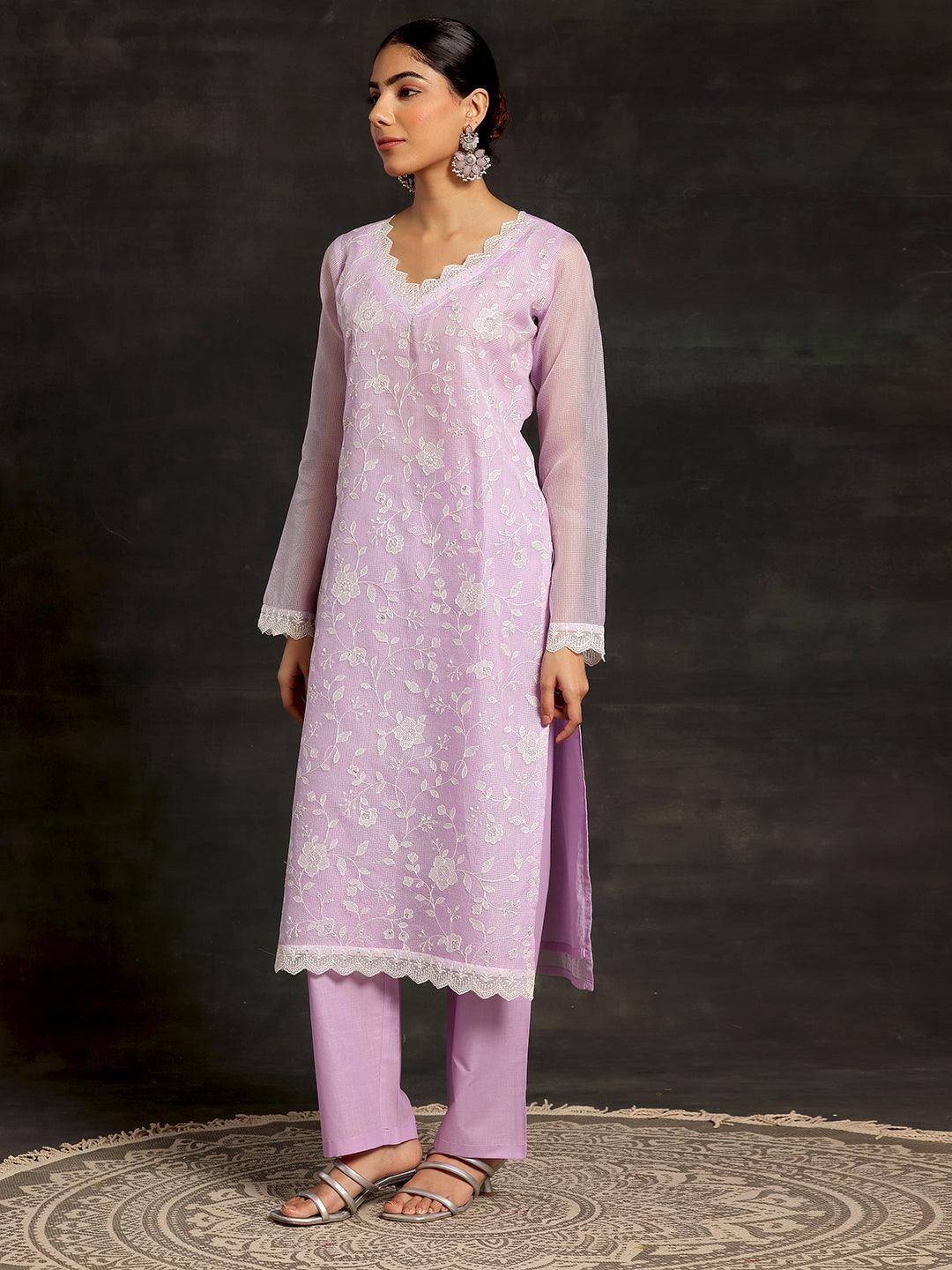 Lavender Embroidered Cotton Straight Suit With Dupatta - Libas 