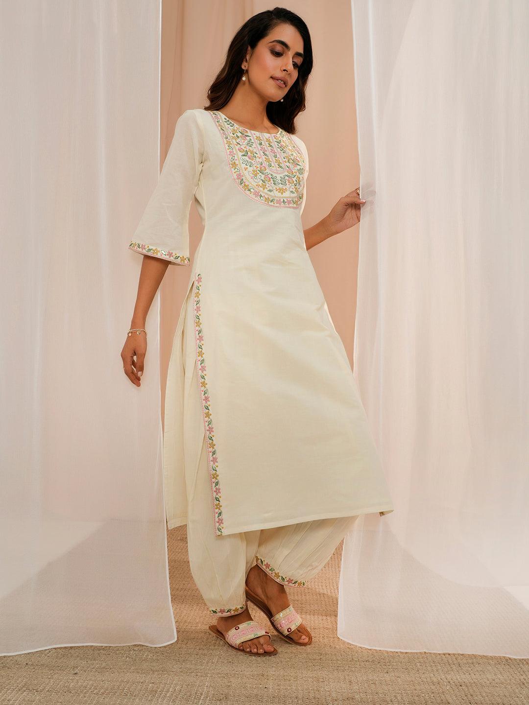 Off White Yoke Design Cotton Straight Suit With Dupatta - Libas 