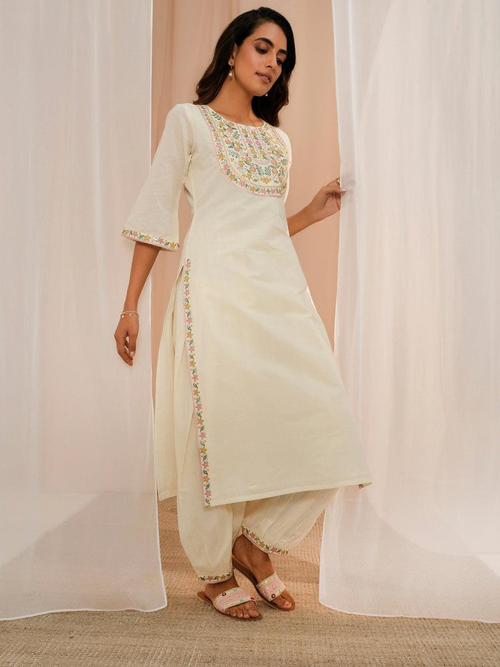 Off White Yoke Design Cotton Straight Suit With Dupatta - Libas