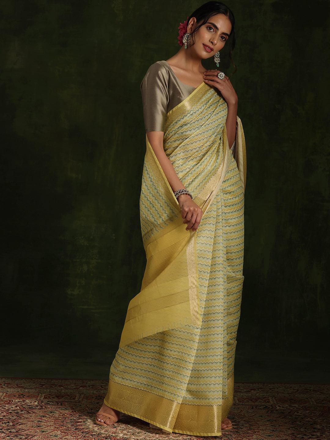 Yellow Printed Silk Blend Saree With Unstitched Blouse Piece - Libas