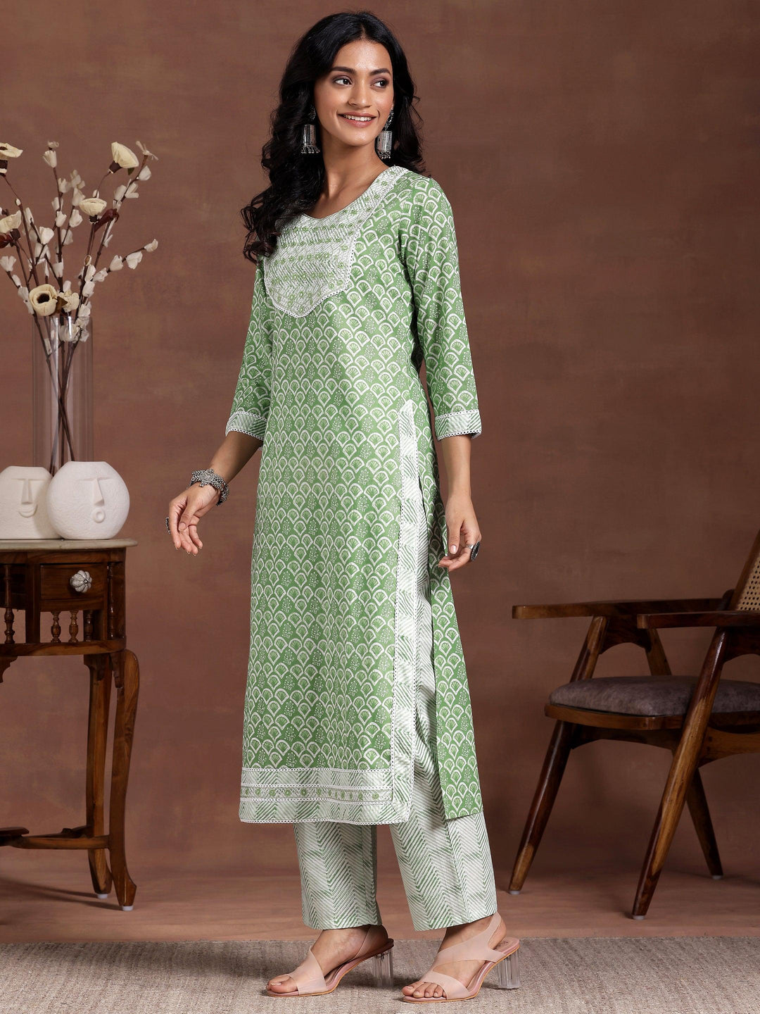 Green Printed Cotton Straight Suit With Dupatta - Libas 