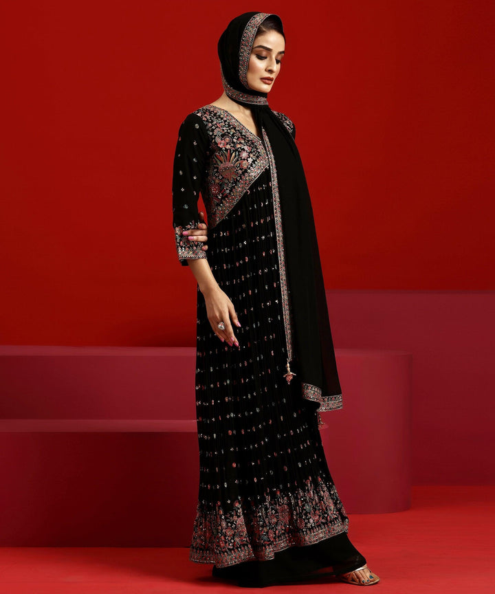 Libas Art Black Embroidered Georgette A-Line Kurta With Palazzos & Dupatta - Libas