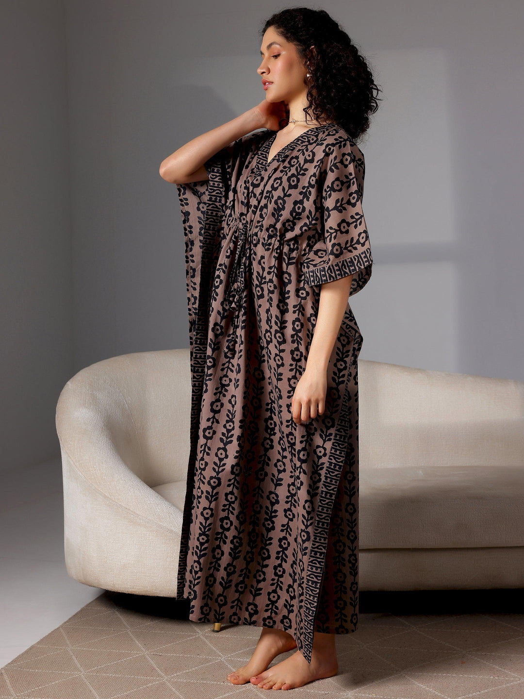 Black Printed Cotton Kaftan Night Dress - Libas