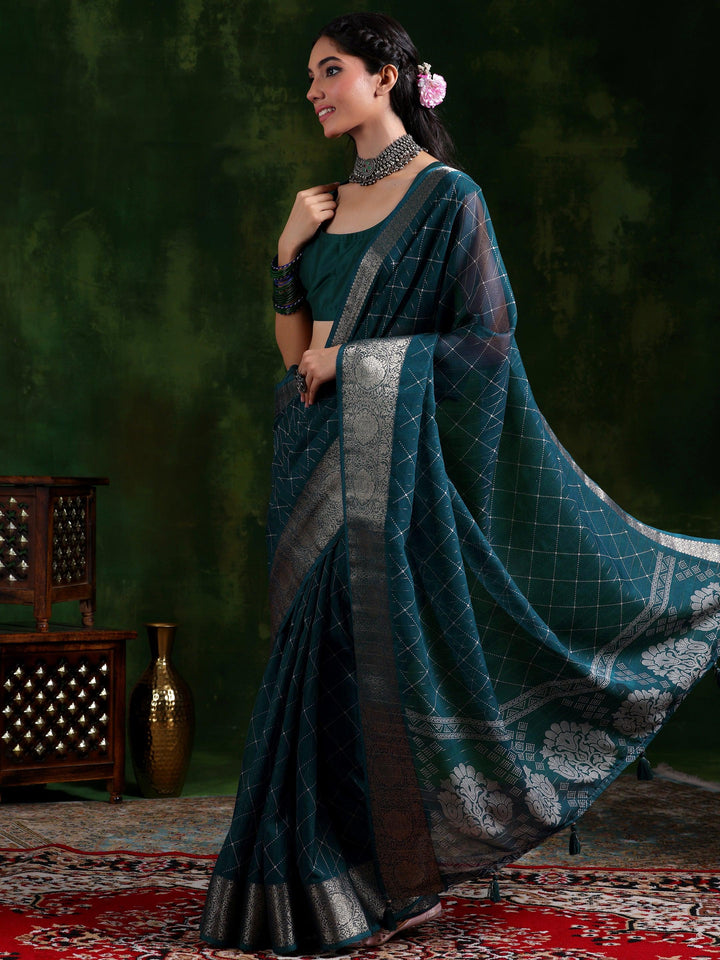 Blue Printed Silk Blend Saree With Unstitched Blouse Piece - Libas