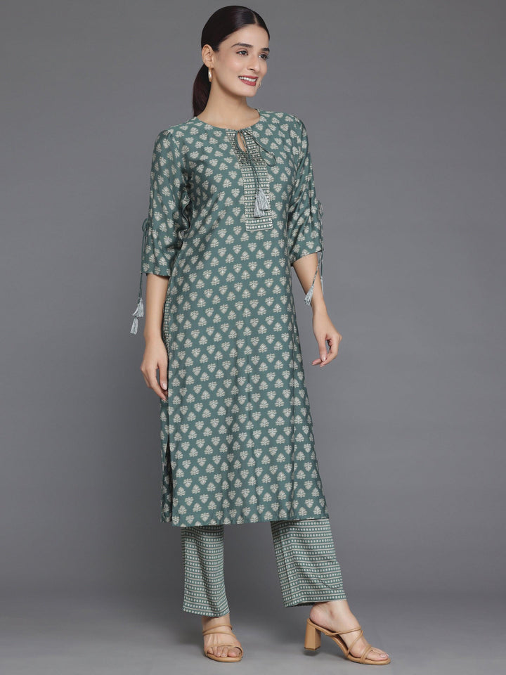 Green Printed Silk Blend Straight Kurta Set - Libas