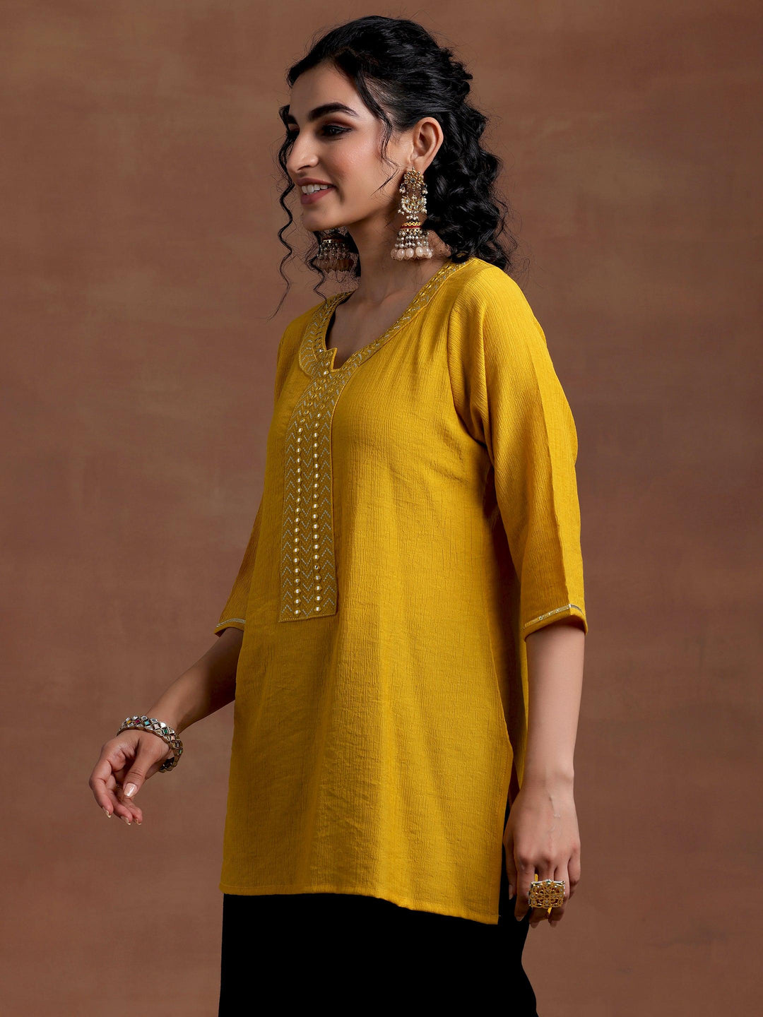 Mustard Self Design Cotton Blend Kurti - Libas 