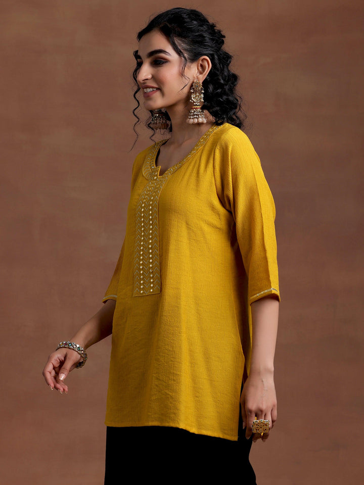 Mustard Self Design Cotton Blend Kurti - Libas