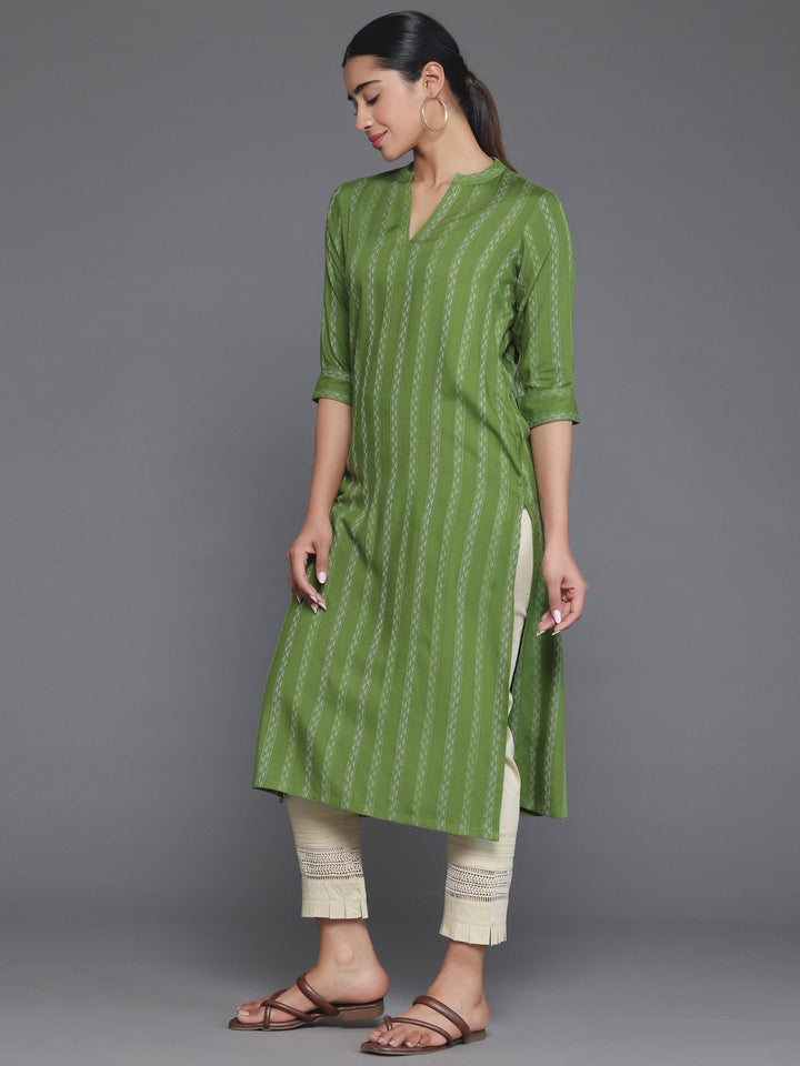 Green Striped Rayon Straight Kurta - Libas