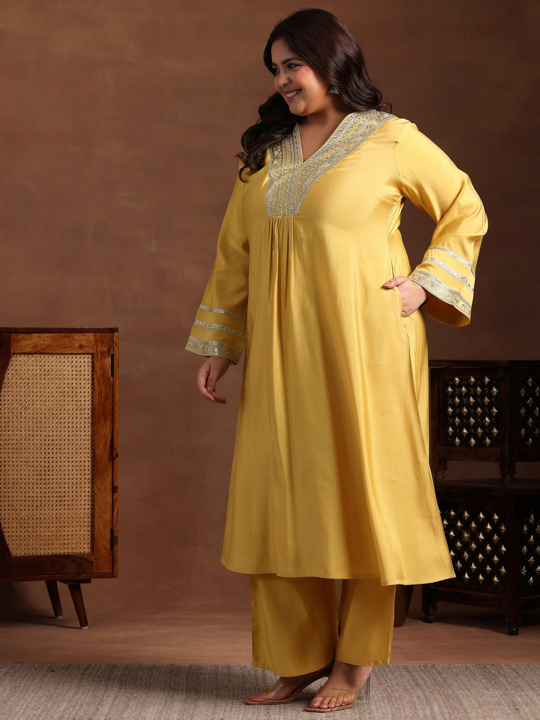 Plus Size Yellow Yoke Design Silk Blend A-Line Kurta With Trousers - Libas