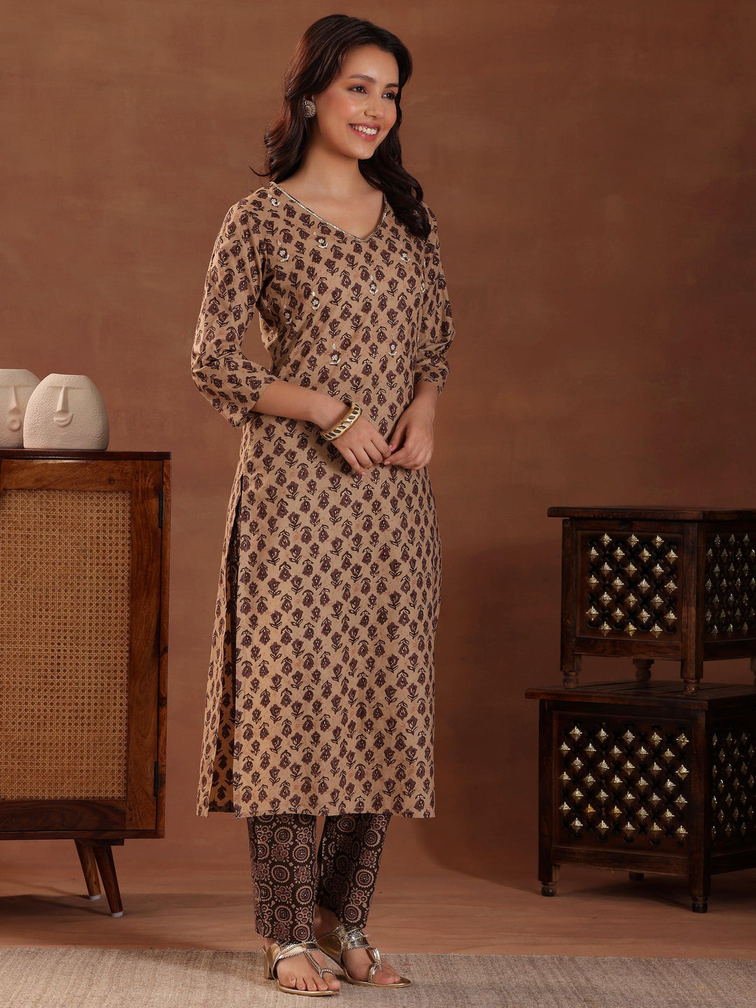 Brown Printed Cotton Straight Suit With Dupatta - Libas 