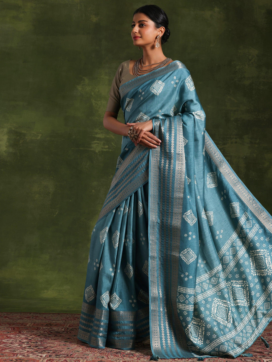 Blue Printed Silk Blend Saree With Unstitched Blouse Piece - Libas