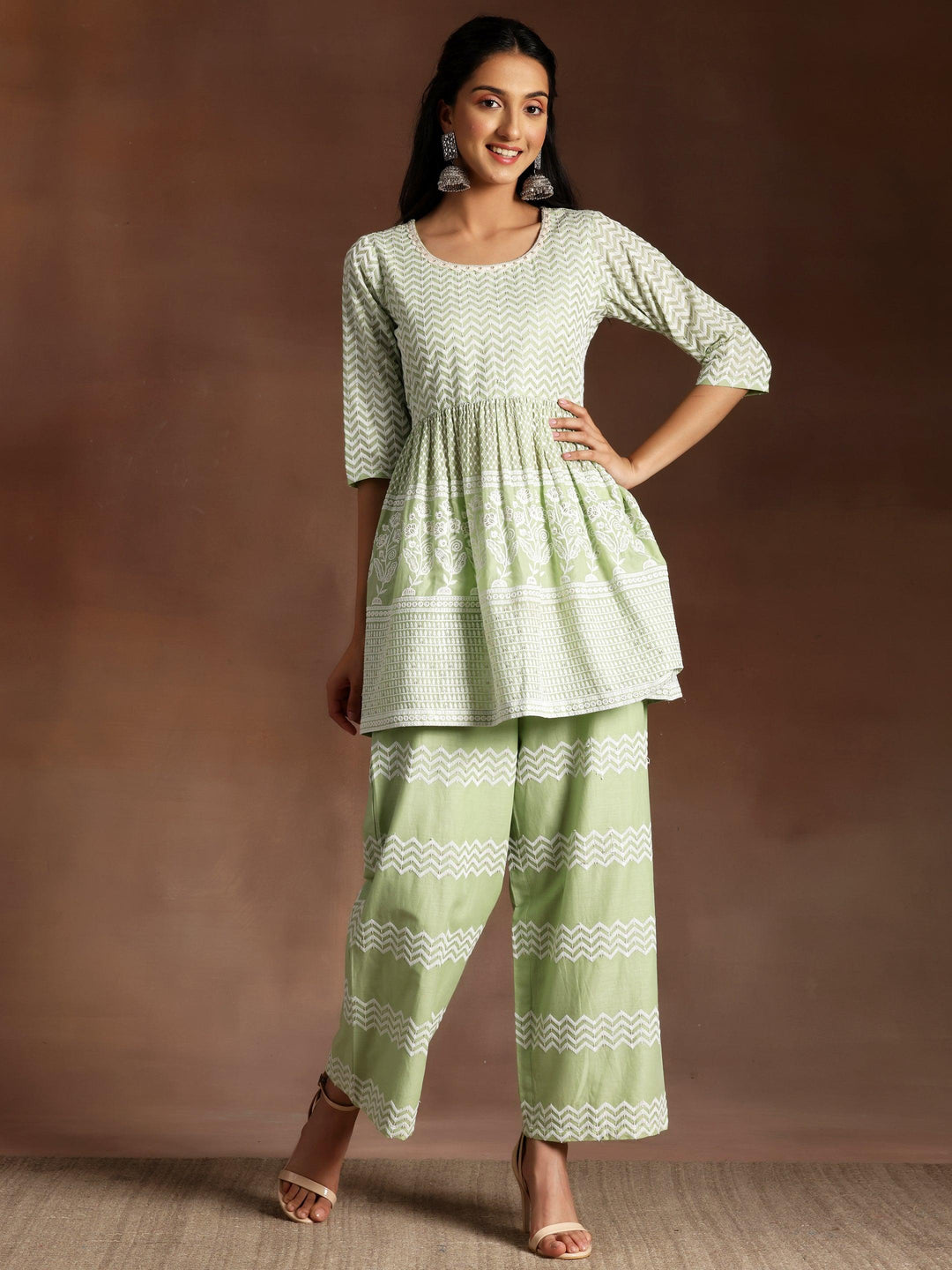 Green Embroidered Cotton Co-Ords - Libas 