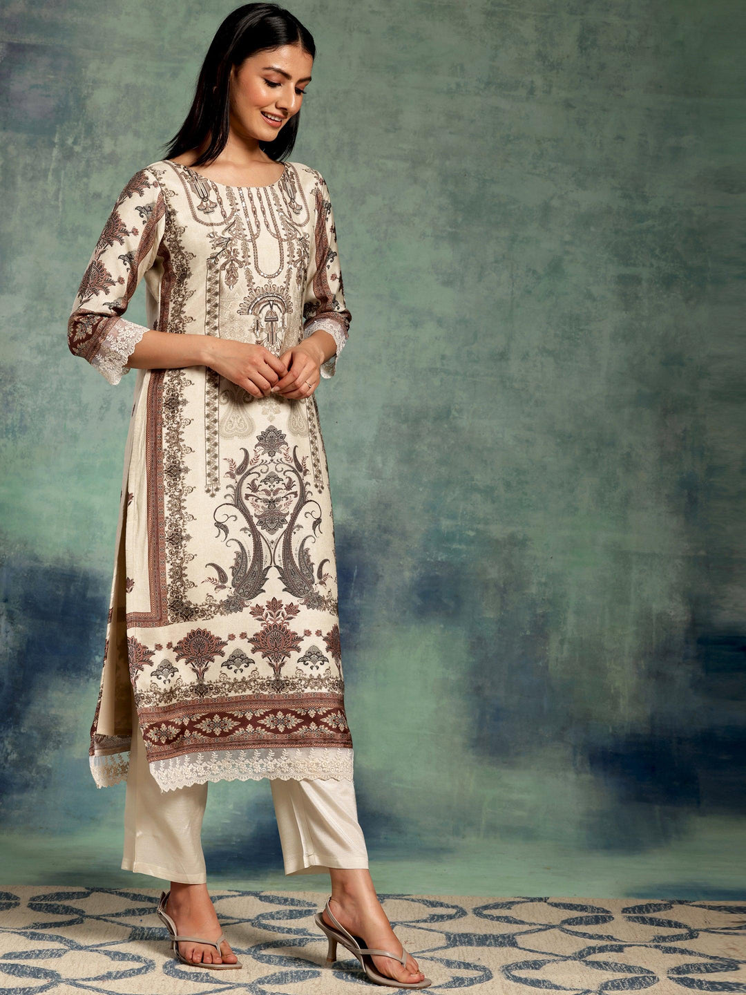 Ivory Printed Silk Blend Straight Suit With Dupatta - Libas 