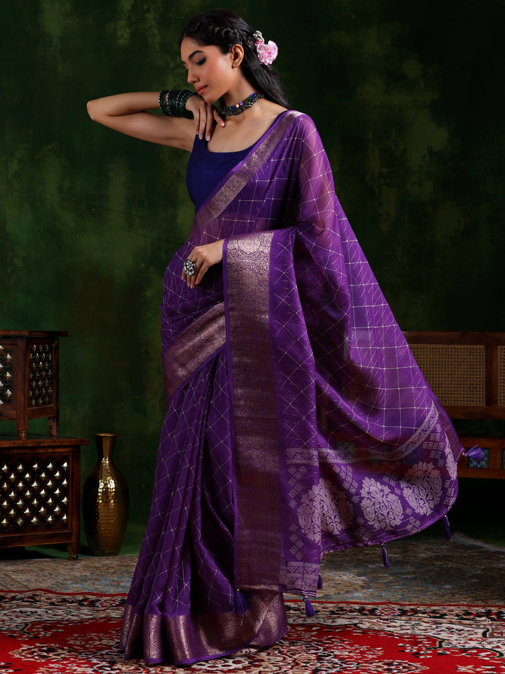 Purple Printed Silk Blend Saree With Unstitched Blouse Piece - Libas