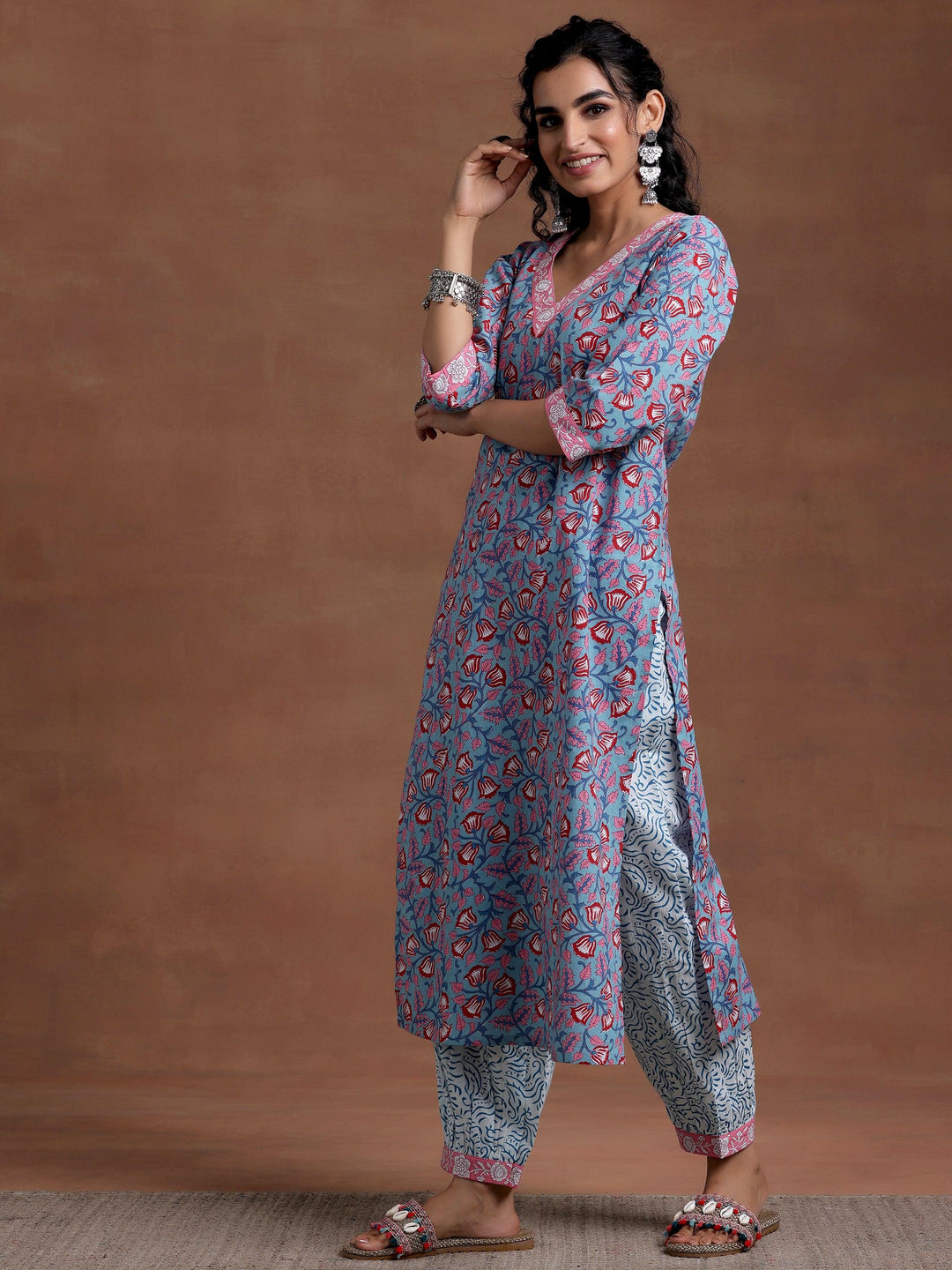 Blue Printed Cotton Straight Suit With Dupatta - Libas 