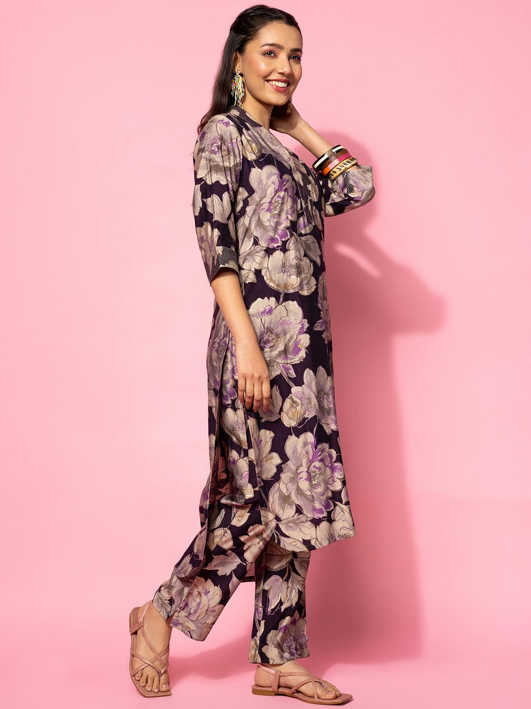 Purple Printed Silk Blend Co-Ords - Libas 