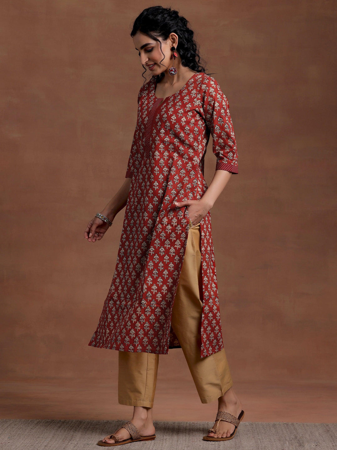 Maroon Printed Cotton Straight Kurta - Libas