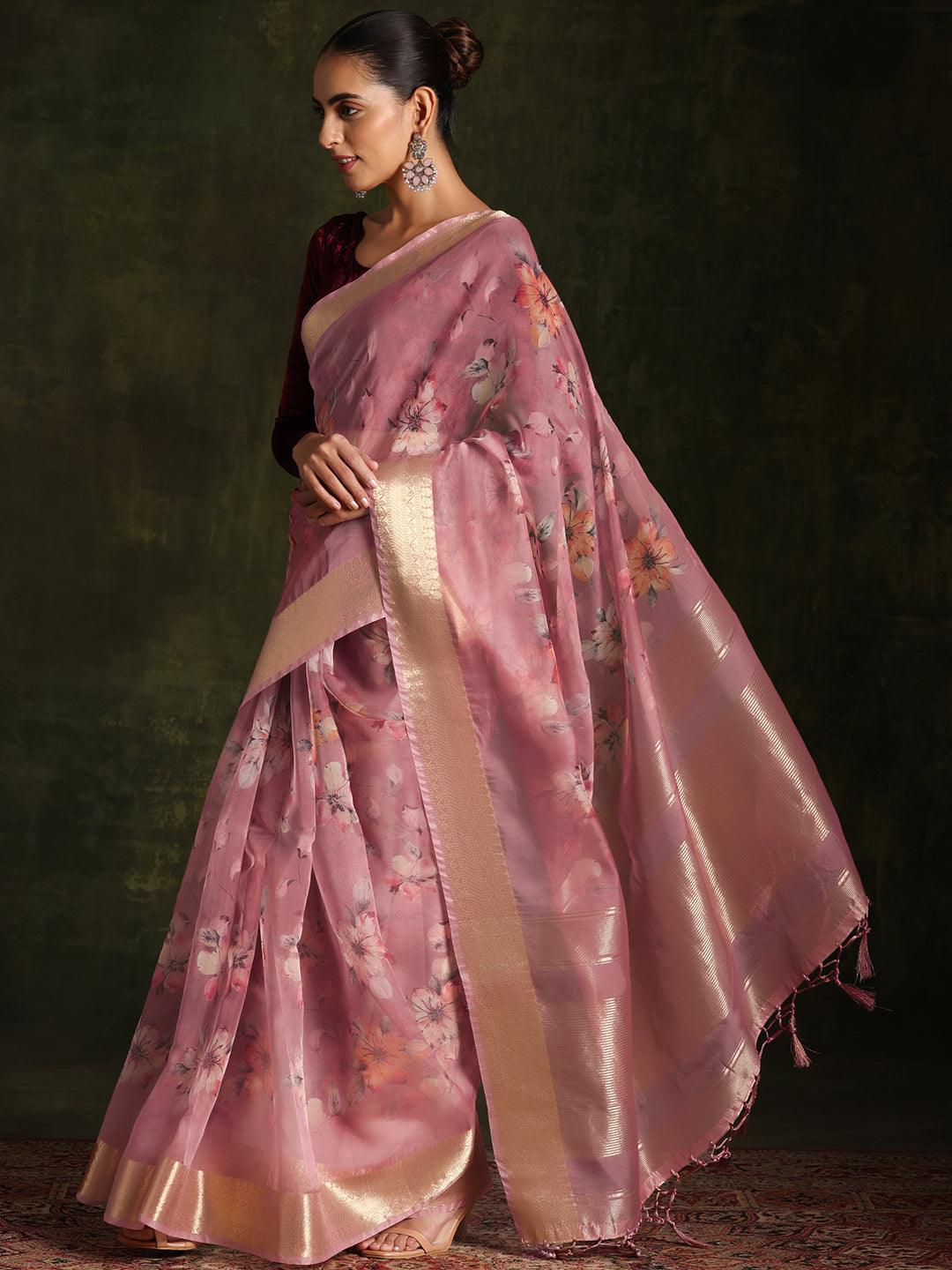 Mauve Printed Organza Saree With Unstitched Blouse Piece - Libas