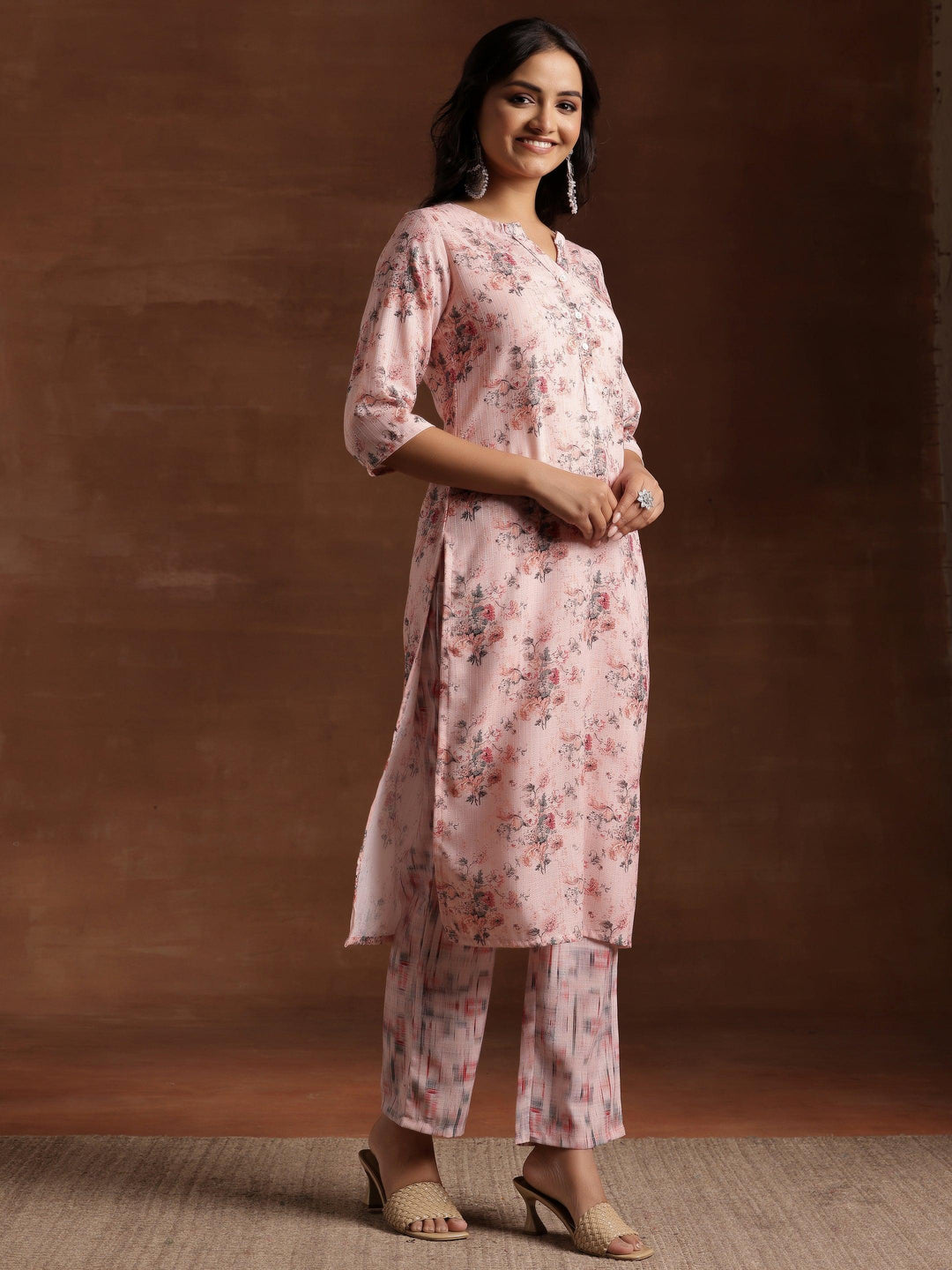 Peach Printed Cotton Straight Suit With Dupatta - Libas 