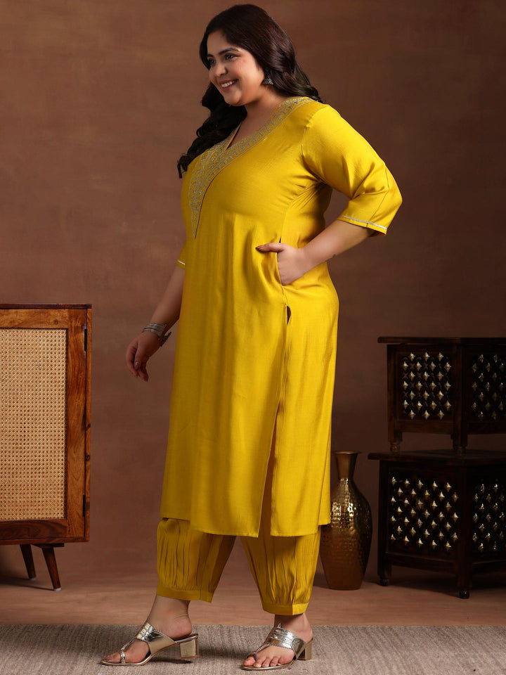 Plus Size Yellow Yoke Design Silk Blend Straight Kurta Set - Libas