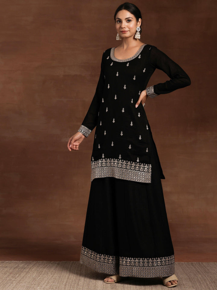 Black Embroidered Silk Blend Straight Suit With Dupatta - Libas