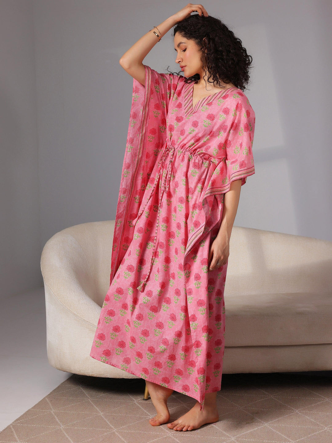 Pink Printed Cotton Kaftan Night Dress - Libas