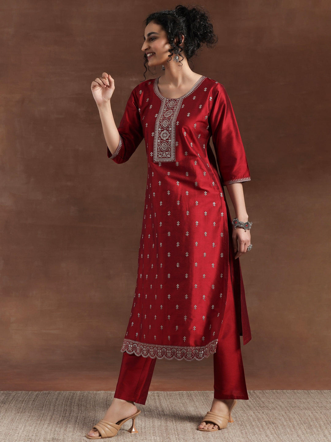 Red Embroidered Silk Blend Straight Suit With Dupatta - Libas