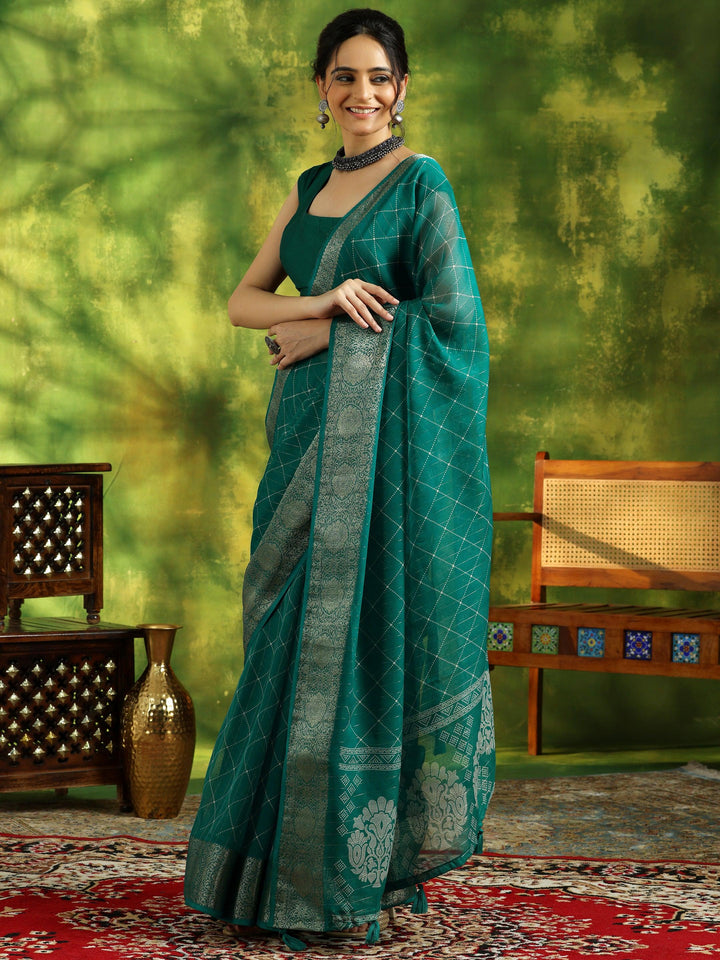 Rama Green Printed Silk Blend Saree With Unstitched Blouse Piece - Libas