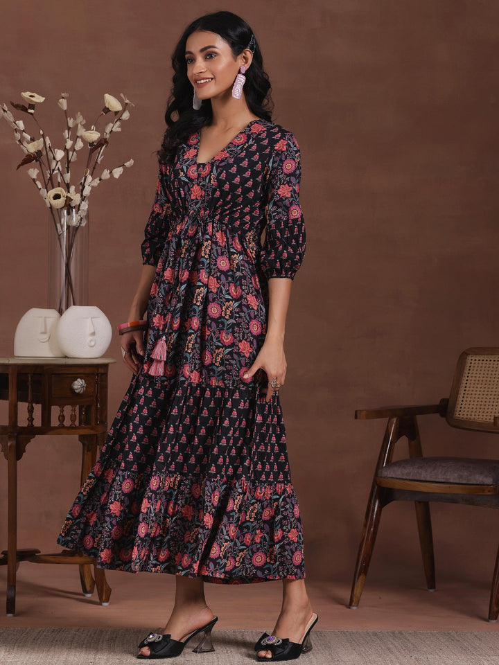 Black Printed Cotton A-Line Dress - Libas