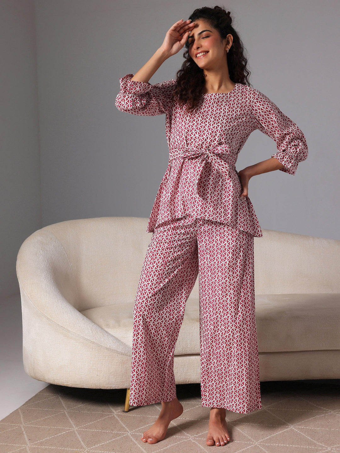 Pink Printed Cotton Night Suits - Libas 