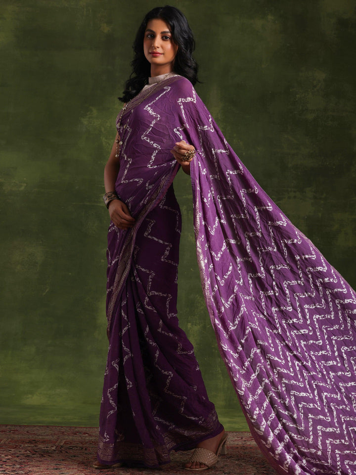 Lavender Printed Poly Georgette Saree With Unstitched Blouse Piece - Libas