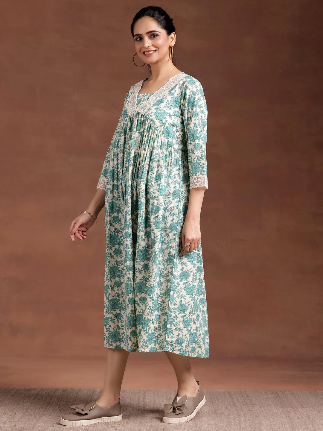 Beige Printed Cotton A-Line Dress - Libas