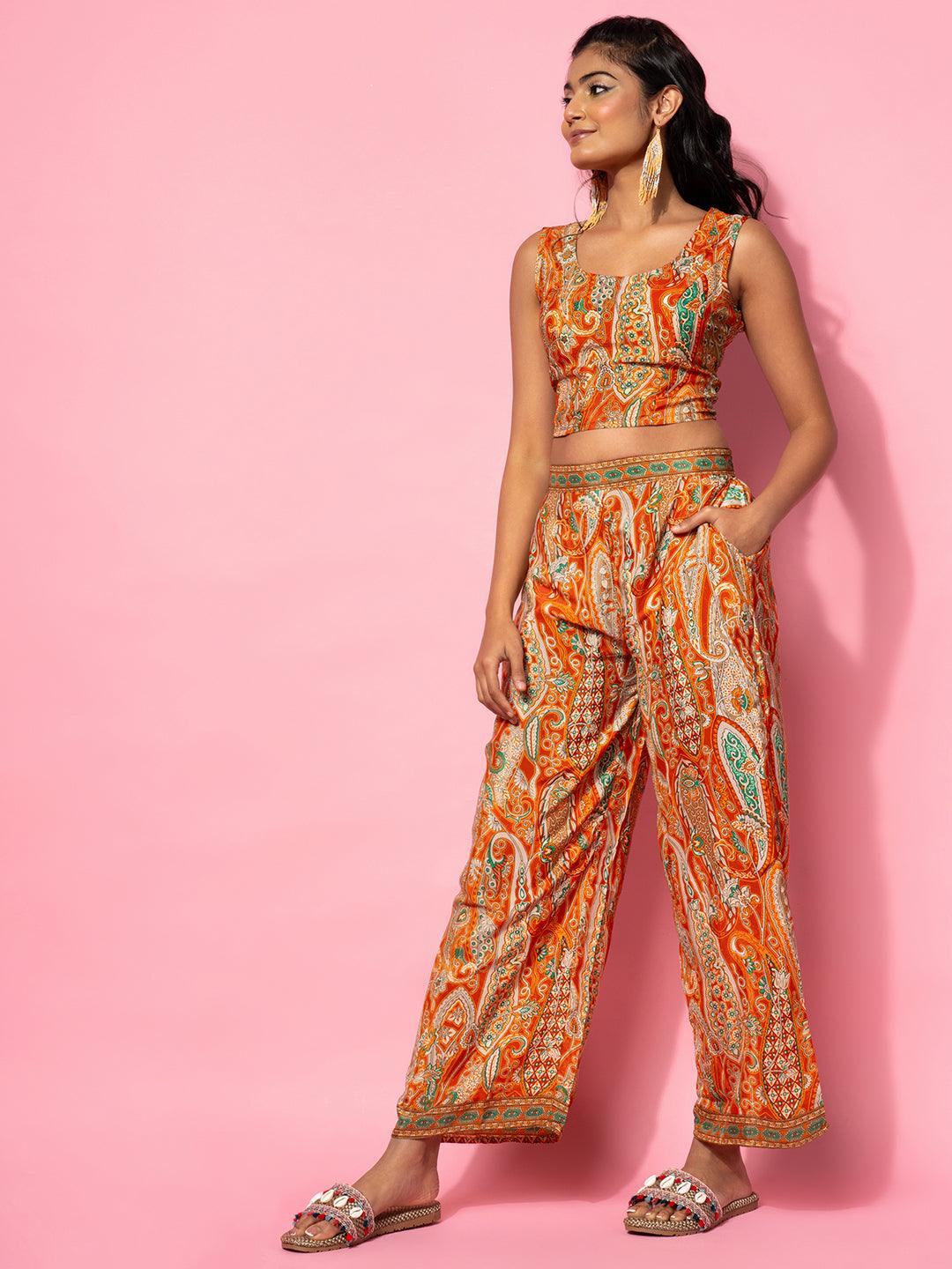 Orange Printed Silk Blend Co-Ords - Libas 