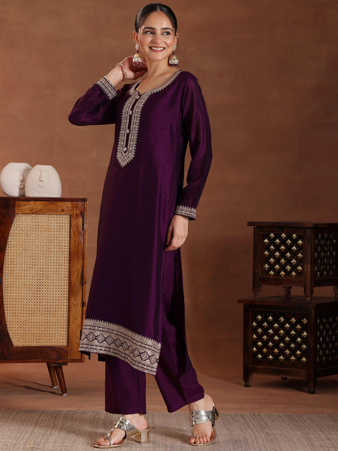 Wine Embroidered Silk Blend Straight Suit With Dupatta - Libas 