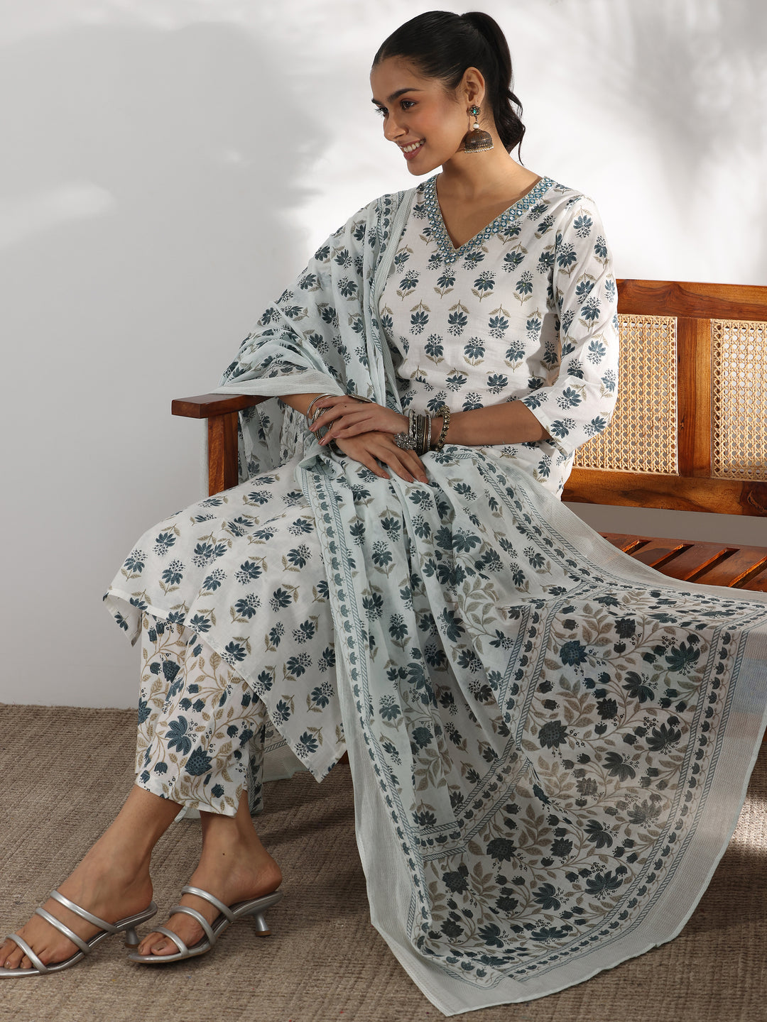 White Printed Cotton Straight Suit With Dupatta