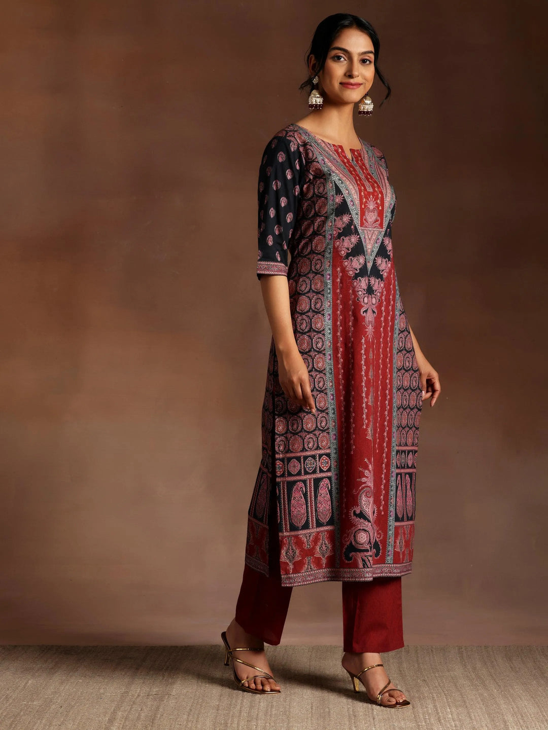 Black Printed Cotton Straight Suit With Dupatta - Libas 