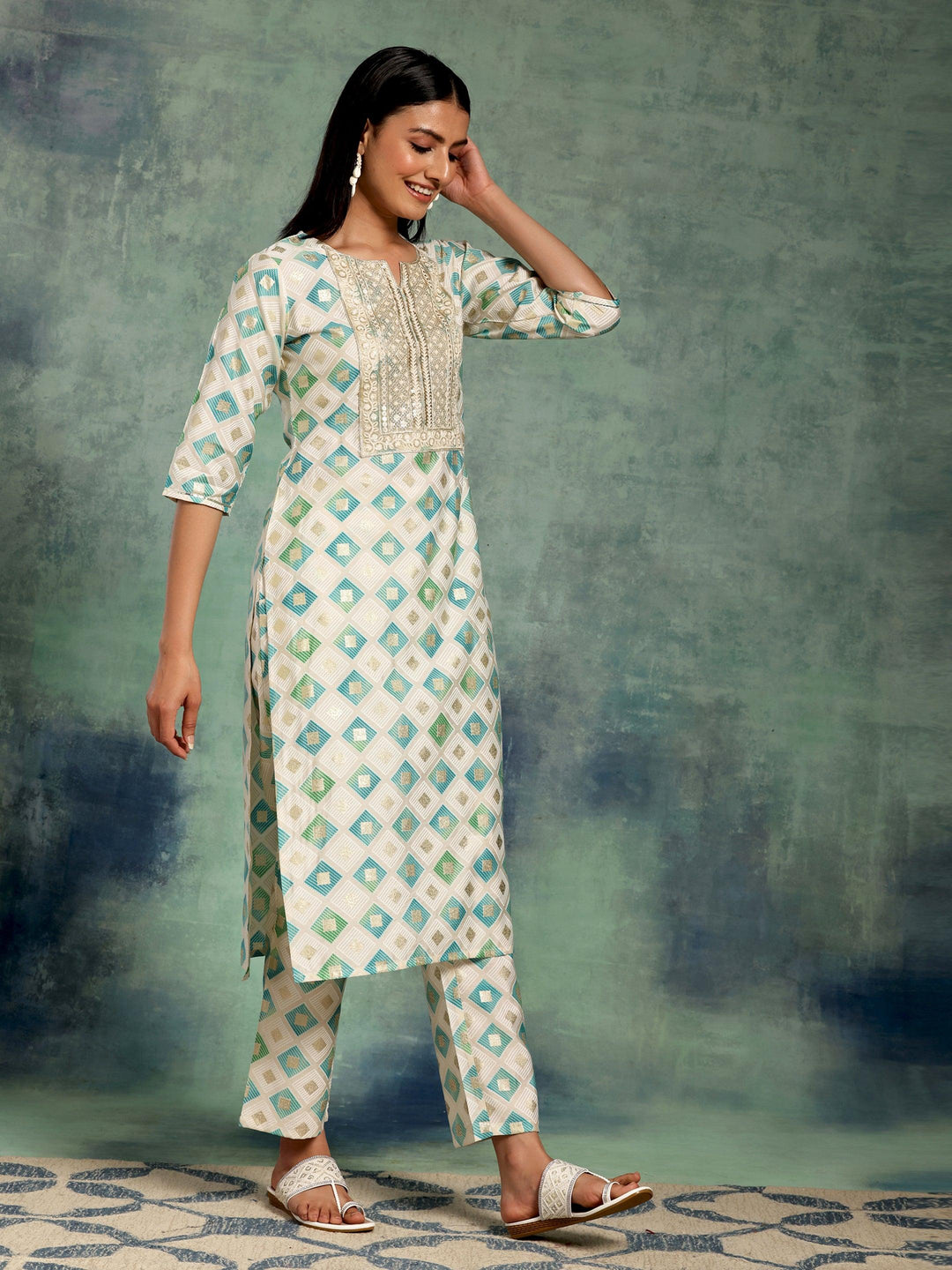 Off White Printed Silk Blend Straight Suit With Dupatta - Libas